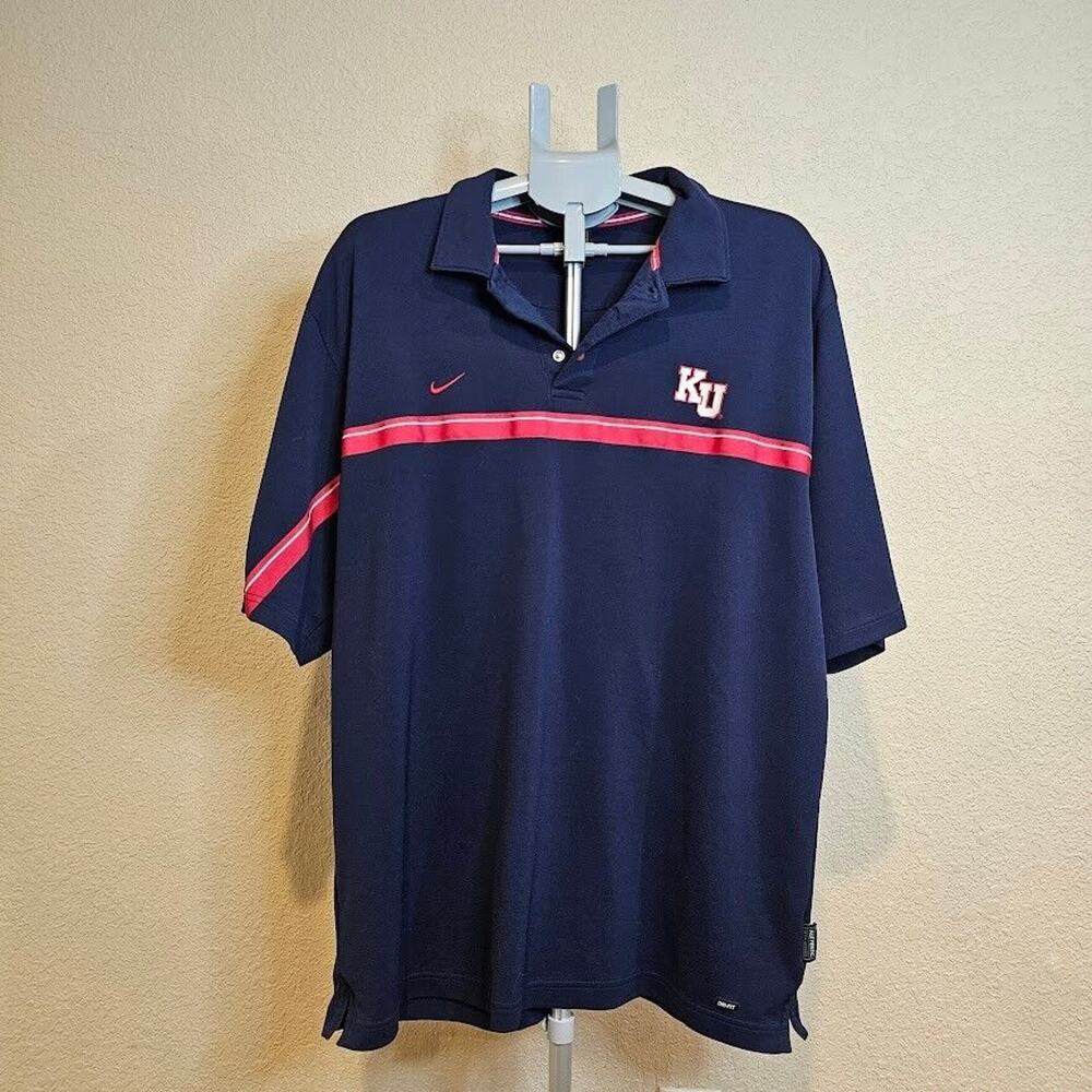 XL Nike Dri-Fit Team Kansas University Polo Shirt Men's Navy Button/Snap Collar